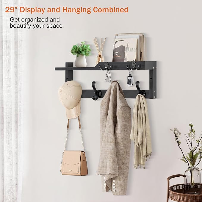 Coat Rack Wall Mount with Shelf, Coat Hanger Wall Mount with Key Hooks and Mail - Image 5