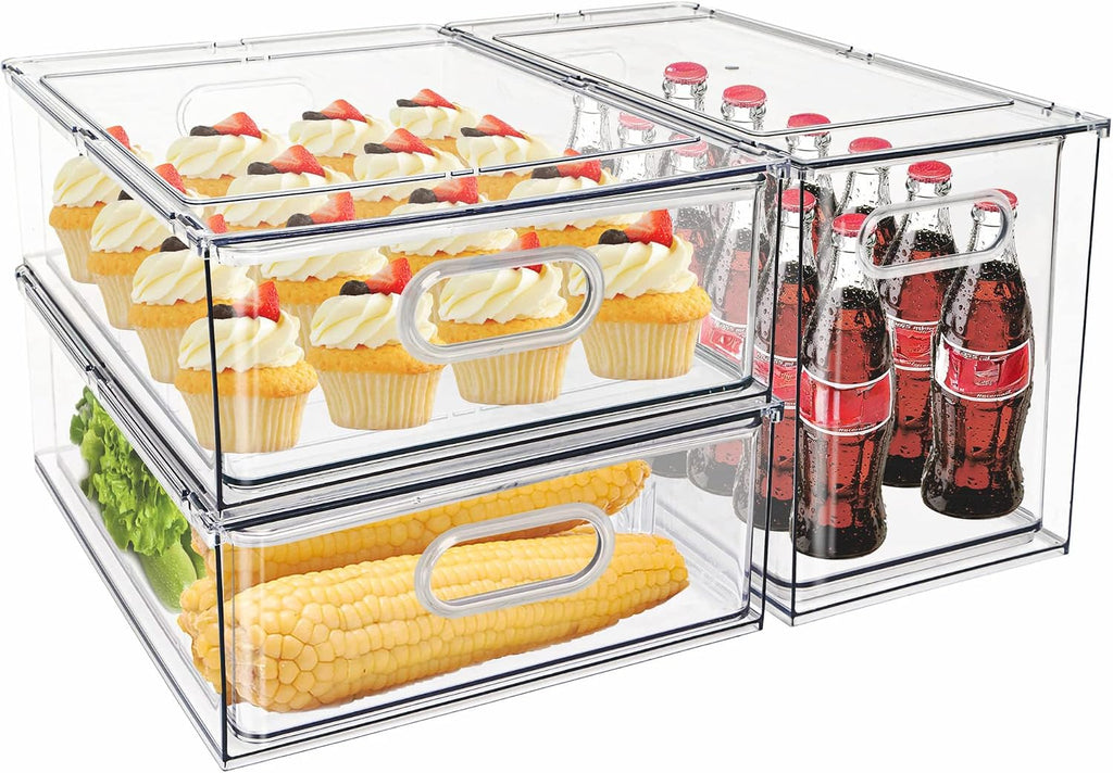 Mano 3PackFridge Drawer Pull Out Stackable Bins with Handle Clear