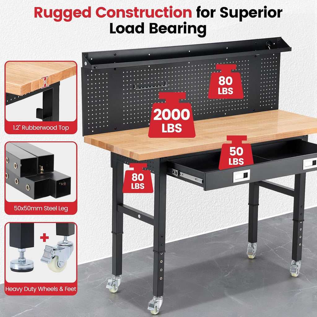60-Inch Heavy Duty Workbench with Wheels, Adjustable Height
