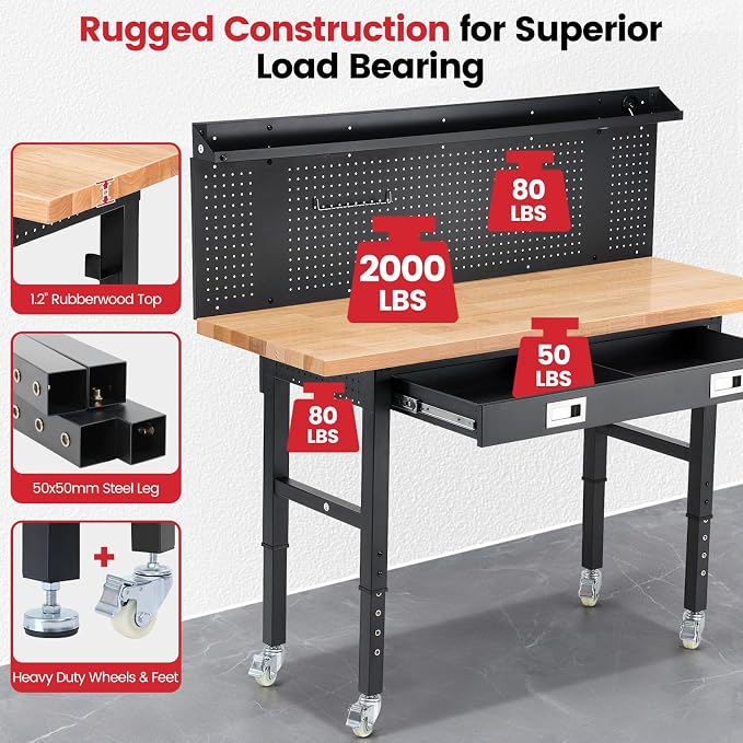 Workbench with Wheels 60 Inch Heavy Duty Rubberwood Tabletop Work Bench - Image 2