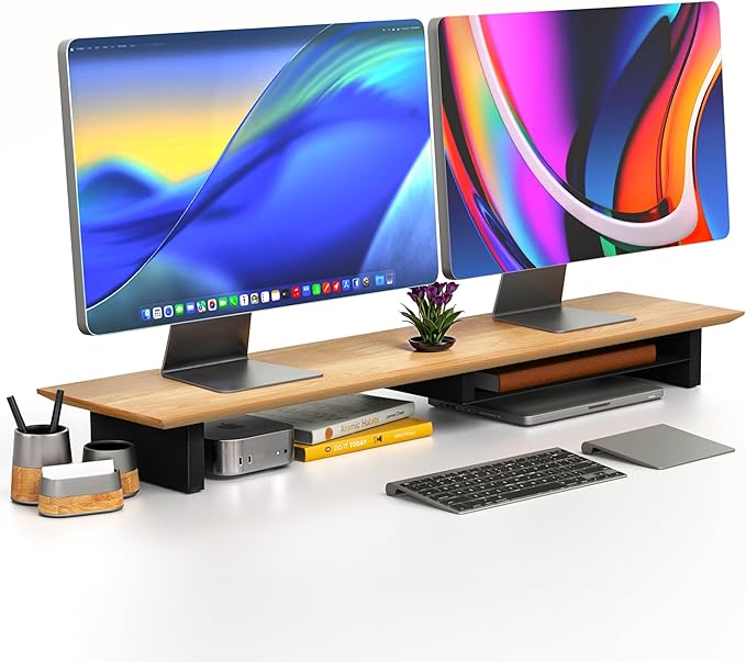 Solid Wood Dual Monitor Stand Riser – 43" Oak Desk Shelf by COREMINDED