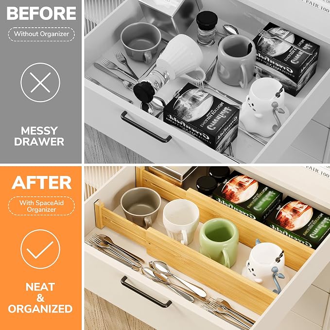BAMEOS 4 pcs 3" High Bamboo Drawer Dividers Adjustable Drawer Organizer - Image 7