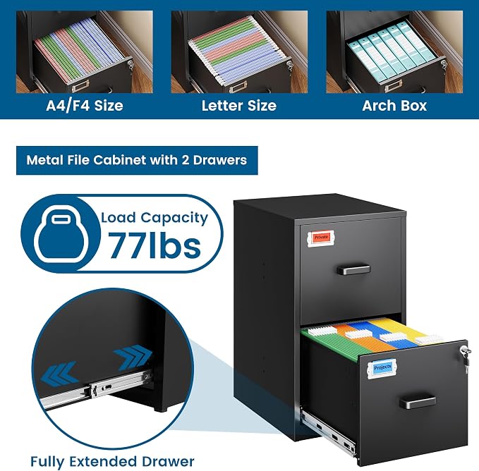 2 Drawer File Cabinet with Lock, 25.4" High Vertical Filing Cabinet, 17.7" Deep - Image 5