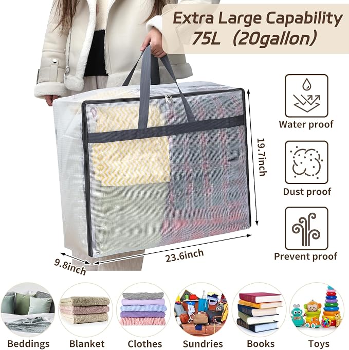 Fixwal 4 Pack 75L Extra Large XL Clear Storage Bags - Image 2