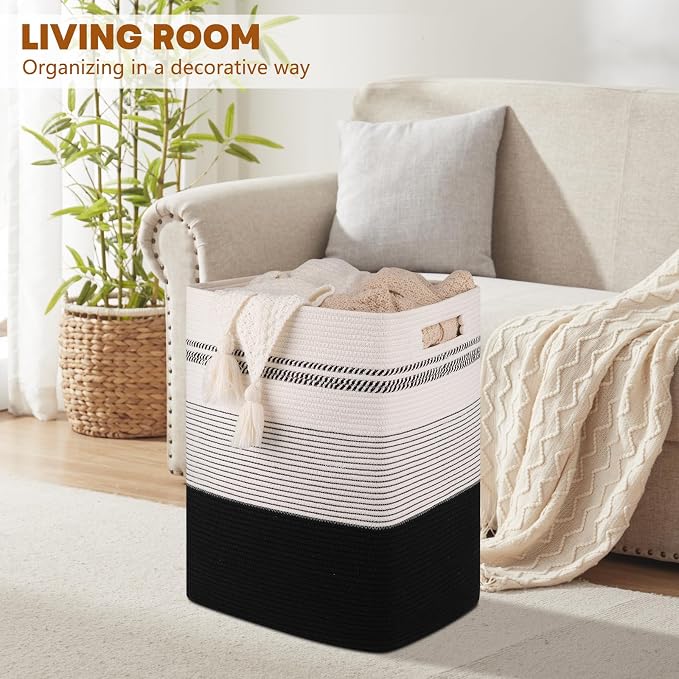 Laundry Hamper, Large Woven Rope Tall Laundry Basket - Image 6