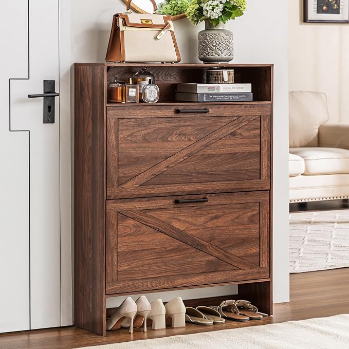 Shoe Storage Cabinet with 2 Flip Drawers, Farmhouse Narrow Shoe Organizer with - Image 8