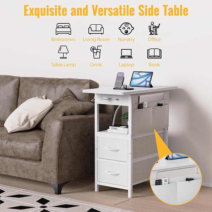 Small Side Table with Charging Station, Narrow Nightstand Bedside Tables with - Image 5