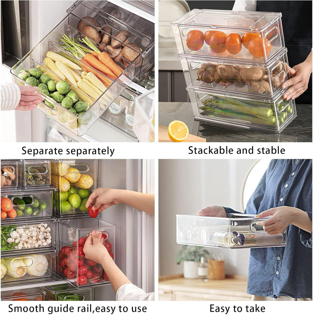 MANO Fridge Drawer Pull Out Stackable Bins with Handle Clear