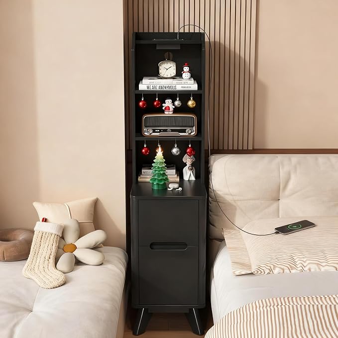 Tall Nightstand with Charging Station, Narrow Side Table with Bookshelf by SOLACEFURNITURE