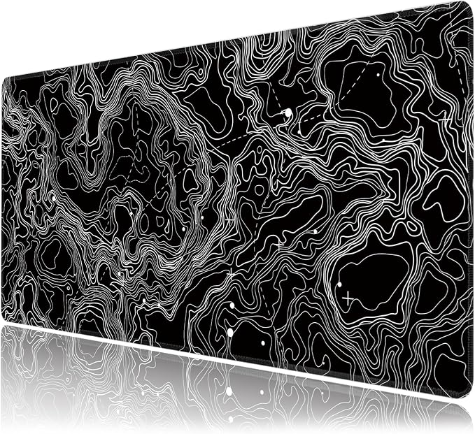 Black with White Topographic Line Large Mouse Pad, Gaming Keyboard Desk Pad by BAHDSISFA