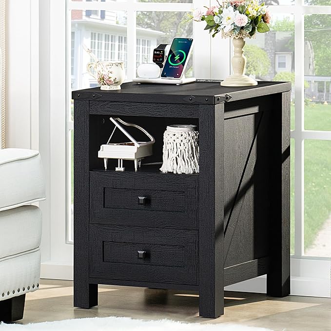 Nightstand with Charging Station, Farmhouse Night Stand with 2 Drawers and by Joaxswe