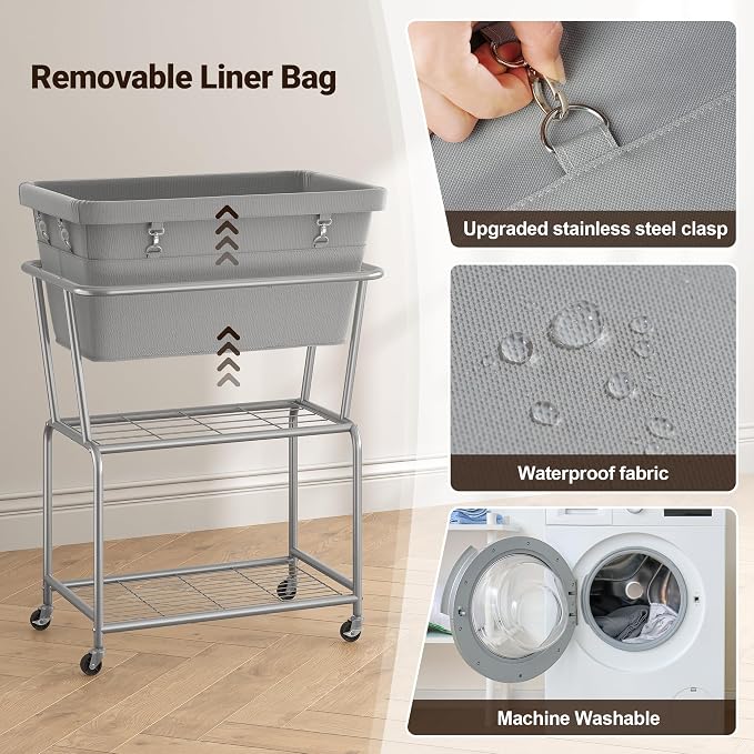 ELYKEN Laundry Cart with Wheels, Rolling Laundry Hamper with Removable Bag and - Image 5