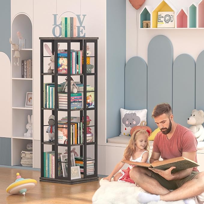 Aheaplus Rotating Bookshelf, 4-Tier Corner Bookshelf, 360 Display Wood Spinning - Image 5