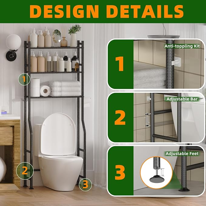 3-Tier Over The Toilet Storage, Space Saver Metal Bathroom Shelves, - Image 4