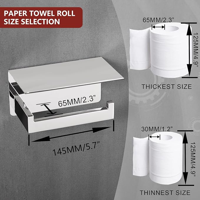 LANC Toilet Paper Holder with Shelf Silver Chrome Toilet Tissue Roll Holder - Image 6