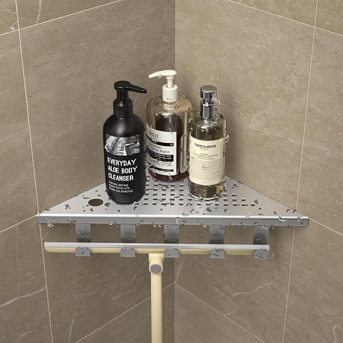 Grout in Shower Shelves with Hooks, 304 Stainless Steel Corner Bathroom Shelf - Image 8