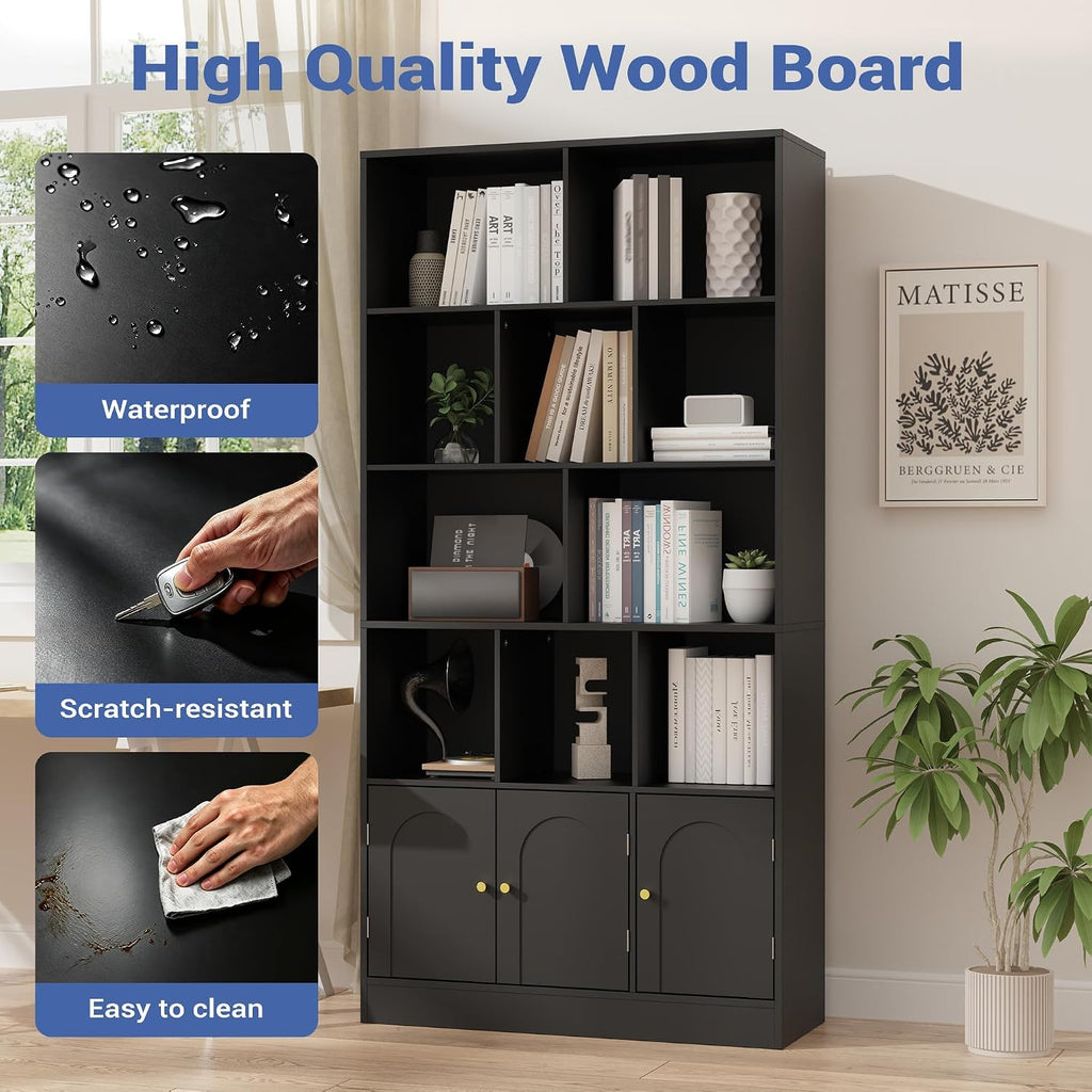 71" Tall Bookshelf with 10 Cubes and 3 Doors, 4-Tier Bookshelf, Open