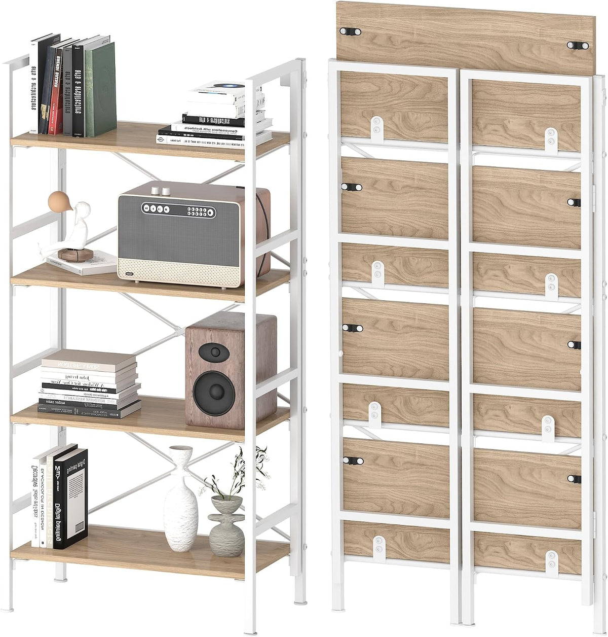 Homeiju Folding Bookshelf,4 Tier Bookcase with X-Bracket Design