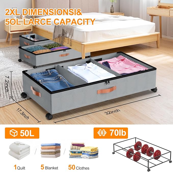 Under Bed Storage with Wheels, 2 Pack Under Bed Storage Containers with - Image 5