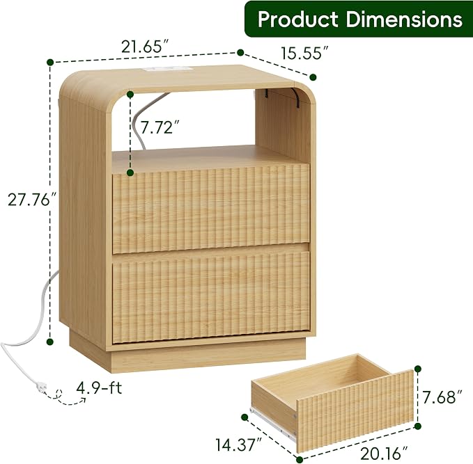 Natural Oak Nightstand with Charging Station, Mid Century Modern Bedside Table - Image 2