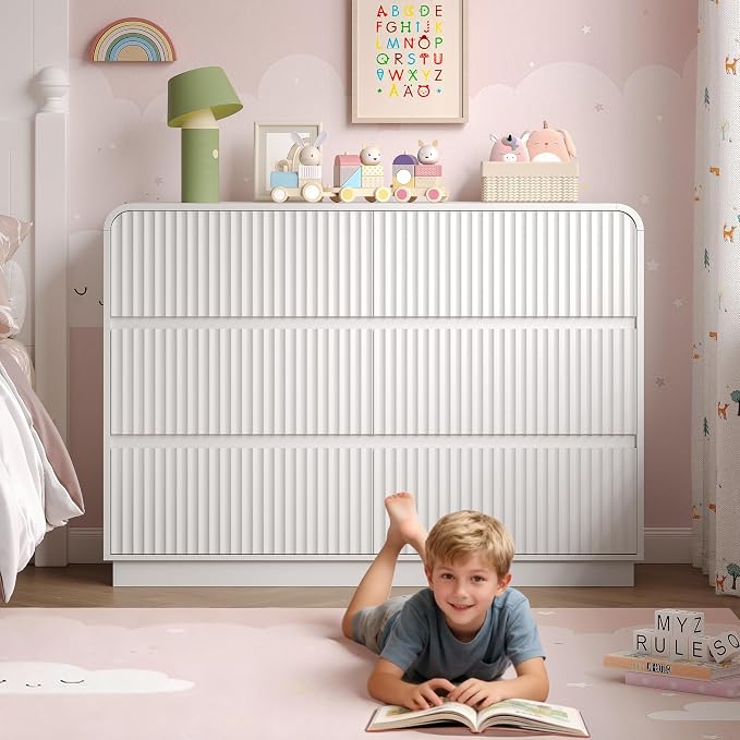 Dresser for Bedroom with 6 Drawers, Fluted Chest of Drawers with Round Curved - Image 7