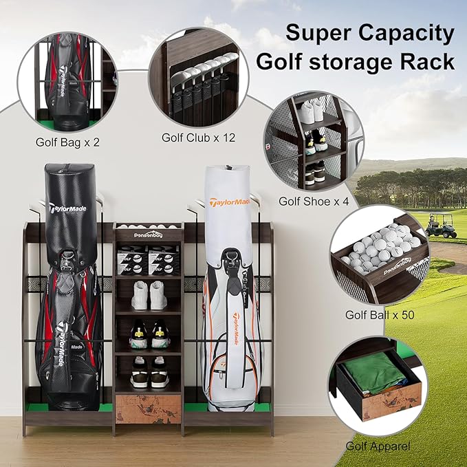 Golf Bag Storage Organizer for Garage, Premium Wooden 2 Golf Bags Rack - Image 2