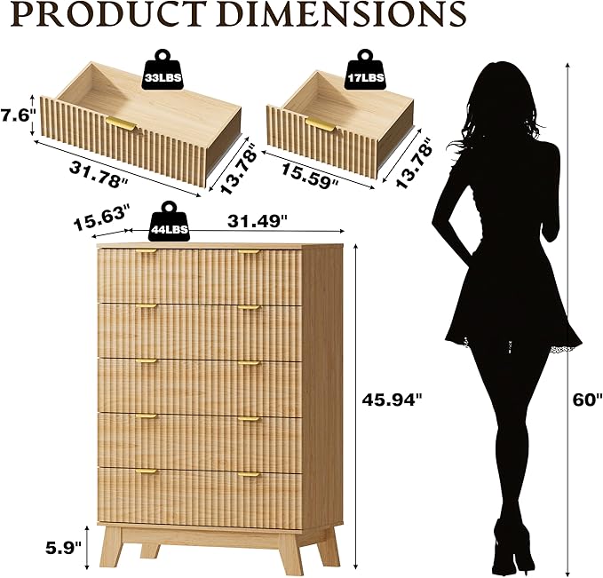 46" Tall Dresser for Bedroom, 6-Drawer Fluted Chest of Drawers, Modern Wood - Image 2