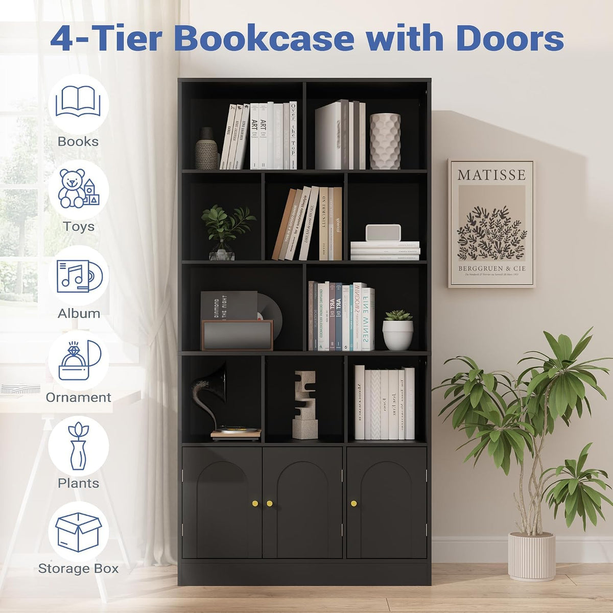 71" Tall Bookshelf with 10 Cubes and 3 Doors, 4-Tier Bookshelf, Open