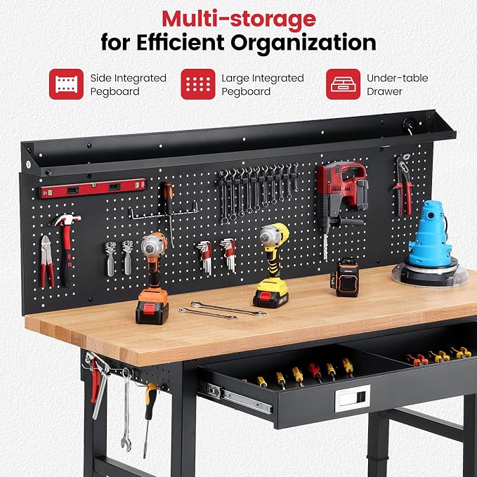 Workbench with Wheels 60 Inch Heavy Duty Rubberwood Tabletop Work Bench - Image 3