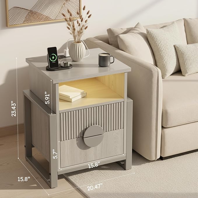 Fluted Nightstand with Charger Station Strip Lights, Large Accent Bed Side - Image 3