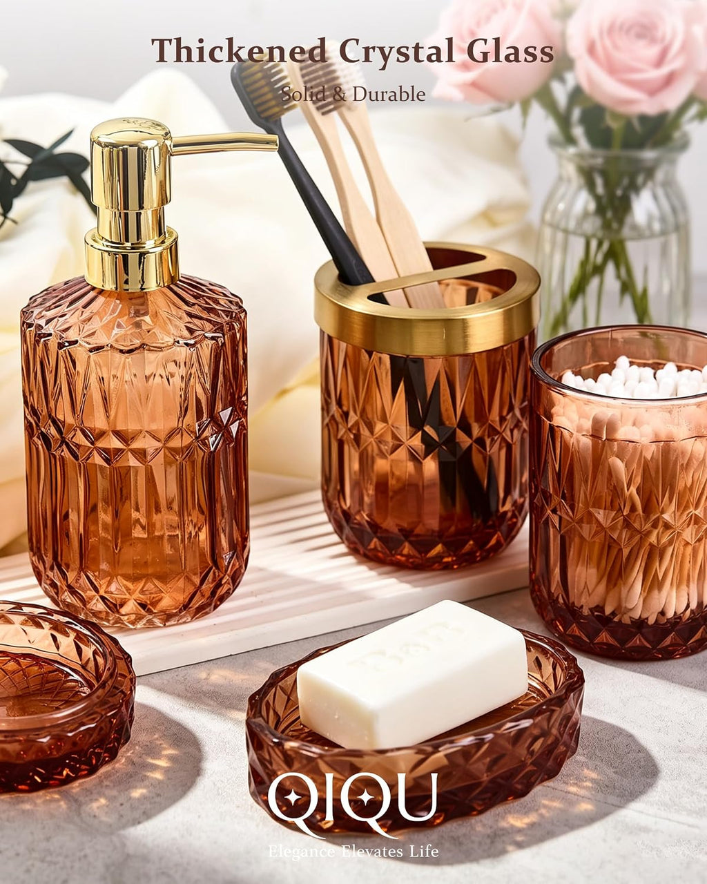 Amber 5Pcs Bathroom Accessories Set, Diamond Heavy Cut Glass Soap