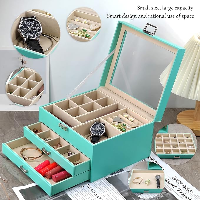 BOOVO Clear Lid Jewelry Box, 3 Layers Jewelry Organizer Large Multi-Functional - Image 4