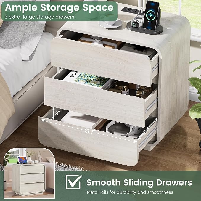 White Nightstand Set of 2 with Charging Station, 23.2" Wide Wood Bedside Table - Image 4