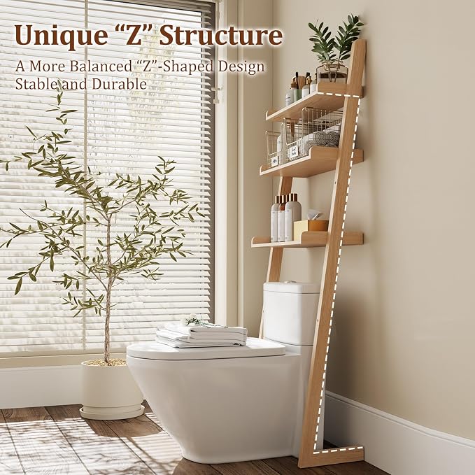 Over The Toilet Storage Shelf Wood, 3-Tier Above Toilet Organizer Rack - Image 3