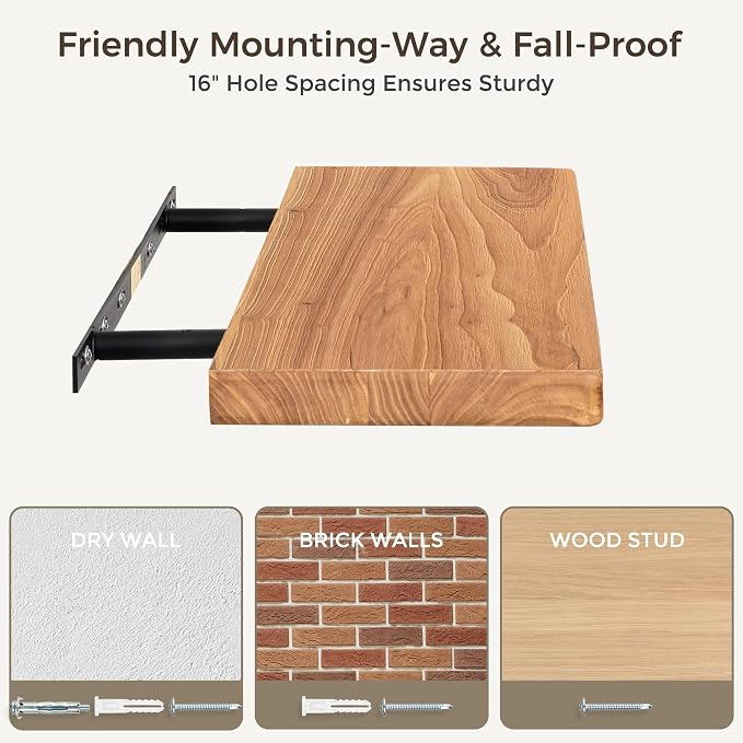 Fun Memories Rustic Solid Elm Wood Floating Shelves, 8 Inch Deep Wall Shelves - Image 7