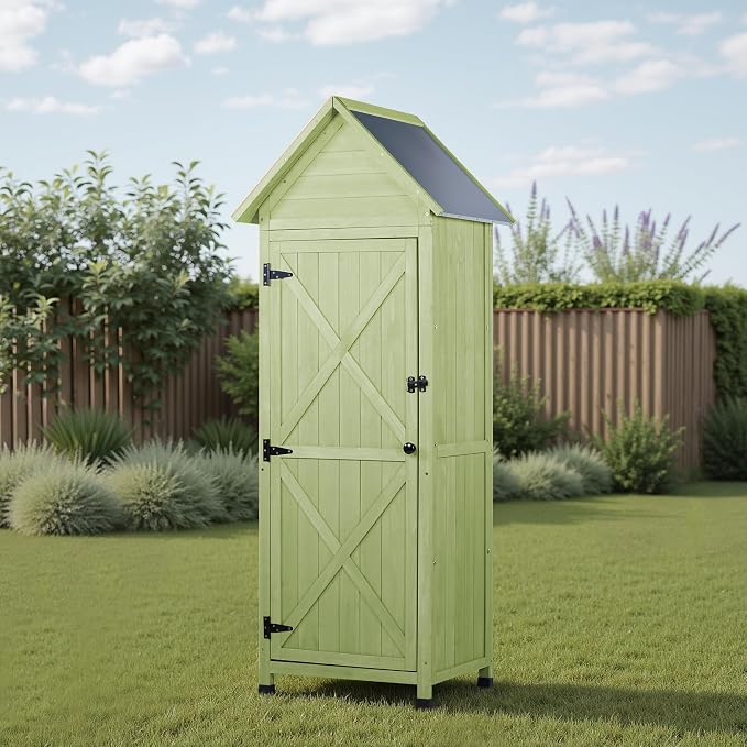 Wooden Outdoor Storage Cabinet, Tall Vertical Garden Tool Shed - Image 7