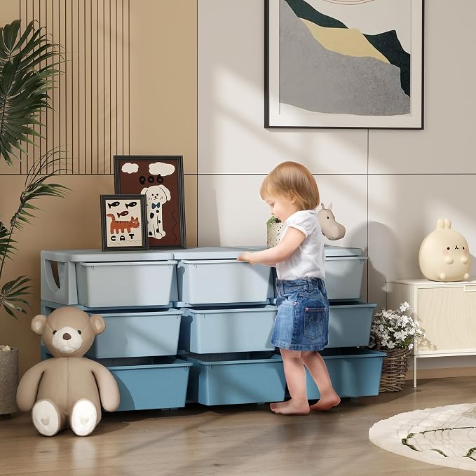 Qaba 3 Tier Kids Storage Unit, 9 Drawer Chest Toy Organizer Plastic Bins - Image 2