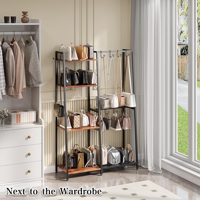 Purse Storage Organizer for Closet, 4-Tier Iron Wood Purse Rack, 8 Purse Hooks - Image 2