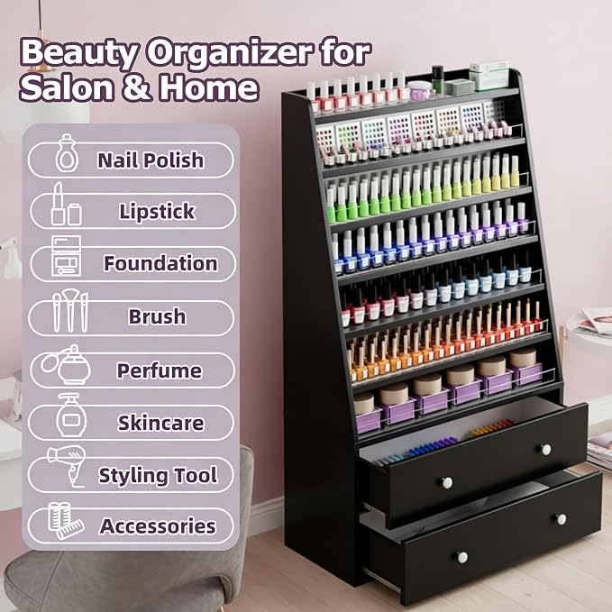 Nail Polish Rack with 2 Drawers, Salon Display & Storage Cabinet with Acrylic - Image 6