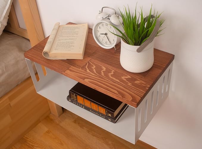 Floating Nightstand with White Metal Base, Wooden Top and Sturdy Metal Base - Image 5
