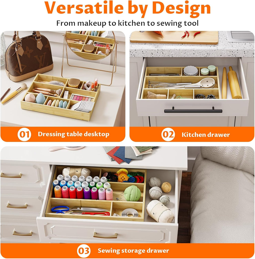 Bamboo Drawer Organizer with 9 Adjustable Compartments, Desk Storage