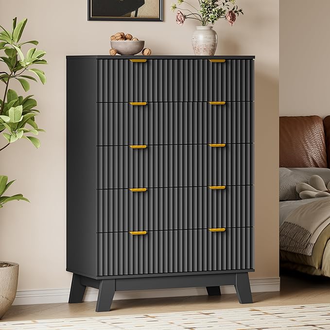 46" Tall Dresser for Bedroom, 6-Drawer Fluted Chest of Drawers, Modern Wood by BORNOON