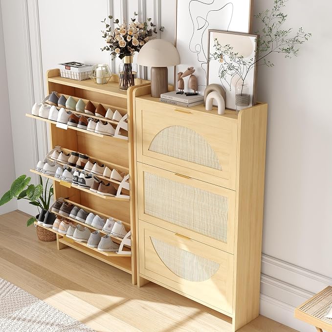 Rattan Shoe Cabinet with 3 Flip Drawers, Natural Wood Shoe Storage Cabinet - Image 6