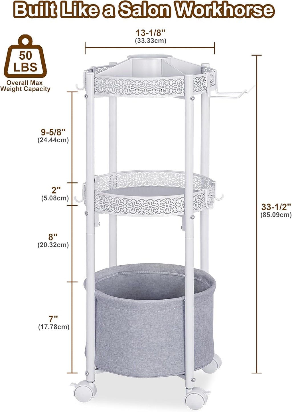 White Round Makeup Cart with Wheels, Rolling Vanity Organizer