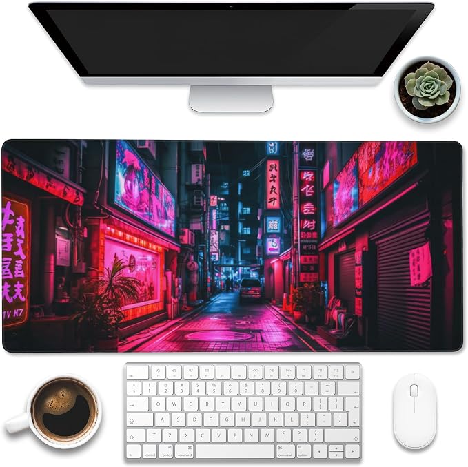 Desk Mat, Japanese Anime Neon Street Desk Pad, Anime City Large Gaming Mouse Pad by Eflxamz