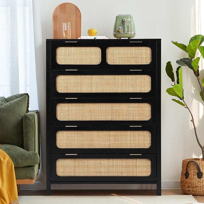 LEVNARY 5 Drawer Chest Dresser, Rattan Tall Dresser 5 Chest of Drawers Dressers by LEVNARY