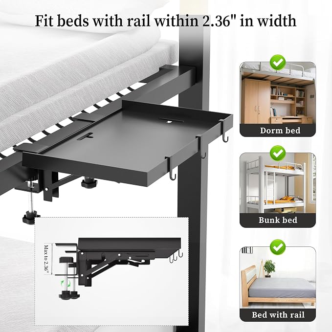 Foldable Bedside Shelf, Metal Clip-On Bed Tray Table - Image 4