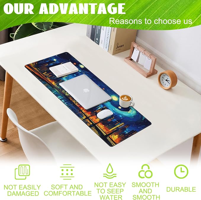 Desk Pad, City Starry Night Desk Mat, Abstract Oil Painting Large Gaming Mouse - Image 4