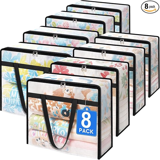 BlissTotes 8 Pack Clear Clothes Storage Bags, Moving Bags, Foldable Blanket by BlissTotes