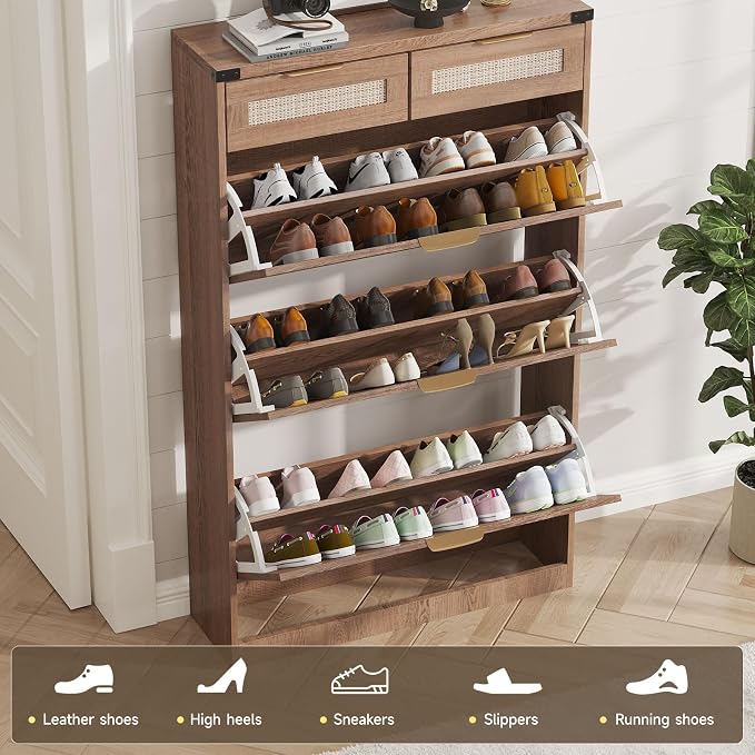 Shoe Cabinet with 3 Flip Drawers & 2 Drawers, Freestanding Shoe Storage Cabinet - Image 4
